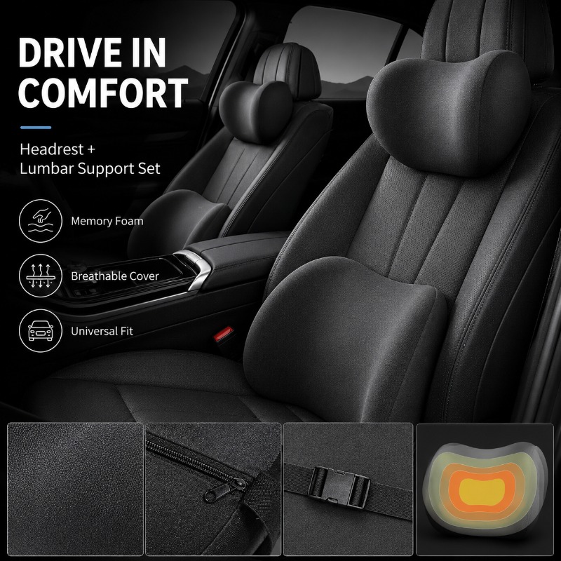 Memory Foam Car Neck Pillow Lumbar Support - Zestaw poduszek samochodowych: poduszka pod kark