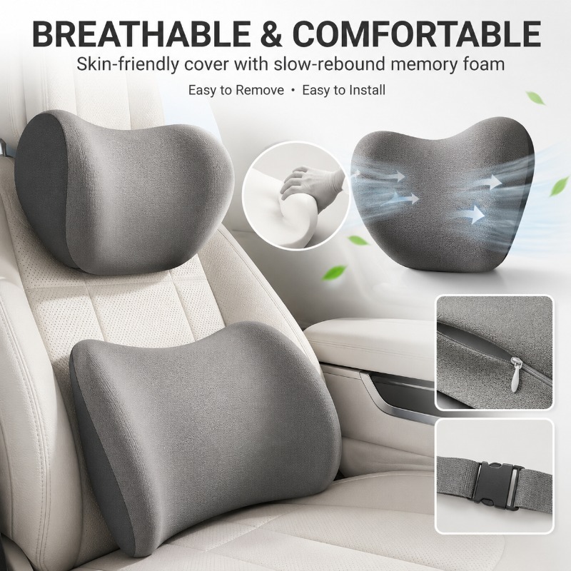 Zestaw poduszek samochodowych: – Memory Foam Car Neck Pillow Lumbar Support recenzja i cena
